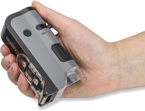 Carson MicroFlip Pocket Microscope 100x-250x - LED & UV Light, Flip Down Base, 24 Prepared Slides Bundle