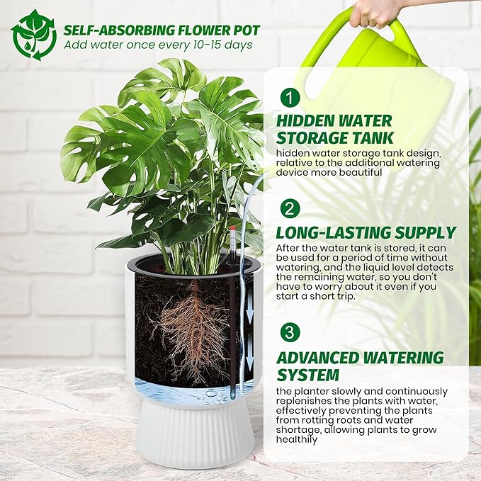 14.2" Tall Planters Set of 2, Plant Pots, Self Watering Pots for Indoor Plants, Flower Pots with Built-in Drainage and a Water Level Monitor, for Patio, Porch, Living Room, or Office, White
