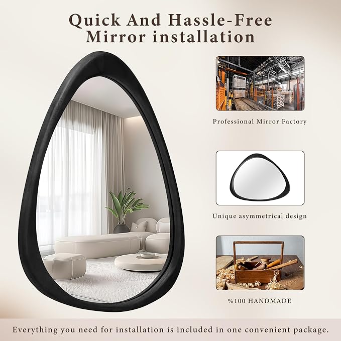 24''x19'' Asymmetrical Mirror with Wood Frame Black, Small Irregular Wall Mirror, Odd Shaped Mid Century Modern Mirror Decor for Bedroom Living Room Entryway Hall