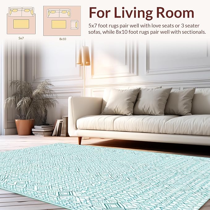 Flatwoven High Traffic Area Rug 4x6, Geometric Diamond Trellis, Non Slip, Stain Resistant, Washable Area Rugs for Living Room, Bedroom (Teal, 4x6)
