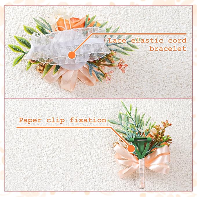 2 Pcs Rose Wrist Corsage and Boutonniere Set, Rose Corsage Hand for Women, Boutonniere for Men Wedding Artificial Flowers Accessories Prom Decor, Wedding Party Accessories (Orange)