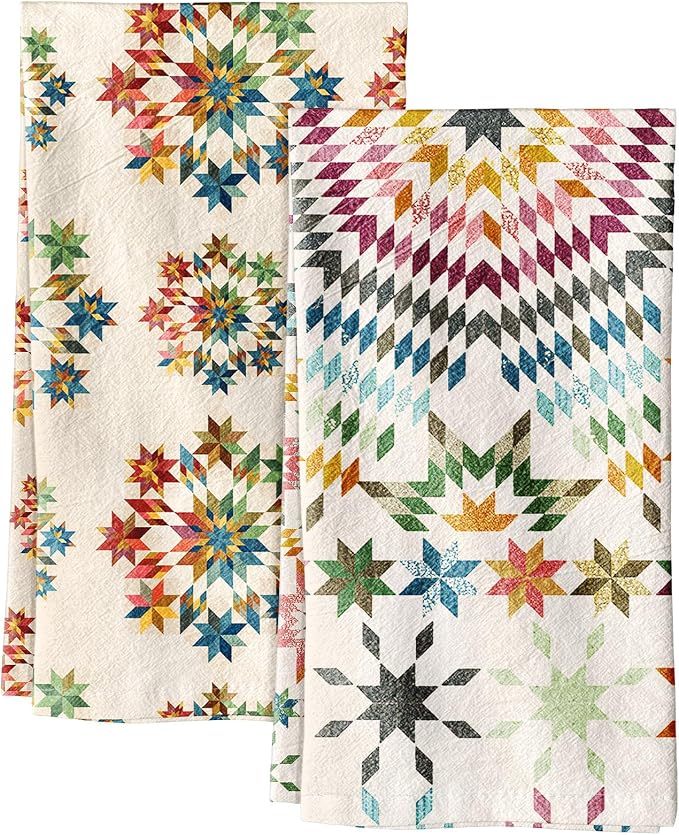 Miss Adola 2 Pack Flour Sack Kitchen Towels - 16x26 Inch Cotton Dish Towels with Hanging Loop Reusable Geometric Boho Modern Retro Tea Towel Absorbent Dishcloths Home Decor, Starburst Design