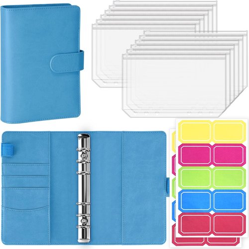 Antner A6 Budget Binder - Zipper Cash Envelopes for Money Organization | PU Leather Planner in Sky Blue