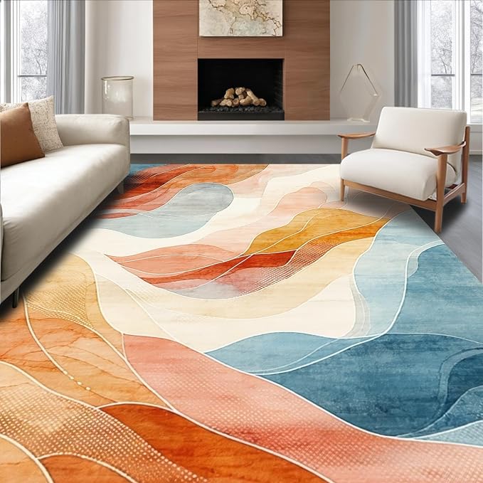 Flatwoven High Traffic Area Rug 5x7, Abstract Area Accent with Wave, Non Slip, Stain Resistant, Washable Area Rugs for Living Room, Bedroom (Orange, 5x7)