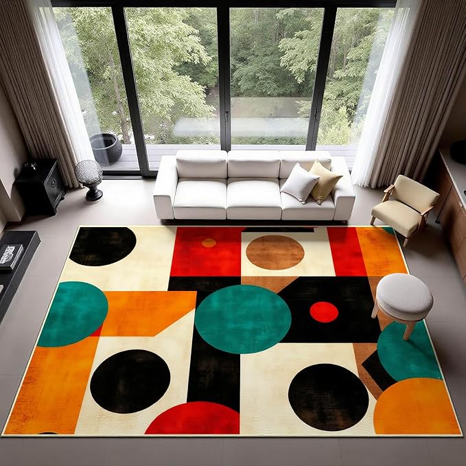 Geometric Rug, Mid Century Modern Rug, Abstract Colorful Geometric Rugs, Washable Non-Slip Soft Low Pile Vintage Abstract Carpet for Living Room, Bedroom (4' x 6'(Rectangular))