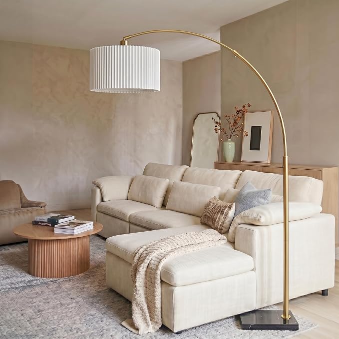 Brightech Logan Arc Floor Lamp, Bright Standing Lamp for Living Rooms, Offices & Bedrooms, Modern Living Room Décor, Tall Hanging Floor Lamp for Reading and More – Gold/Brass with Pleated Shade