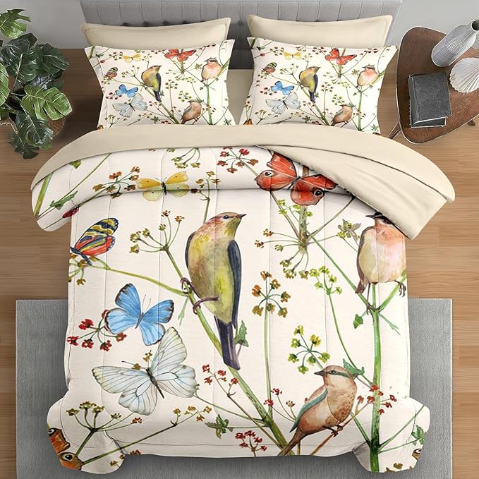 Comforter Set Queen Size, Vintage Birds Butterfly Colorful 7 Pcs Bedding for Kids and Adults, Floral Spring Beige Bed Sheet Sets with Fitted Sheet 2 Pillowcase & 2 Sham for Bedroom Bed Decor