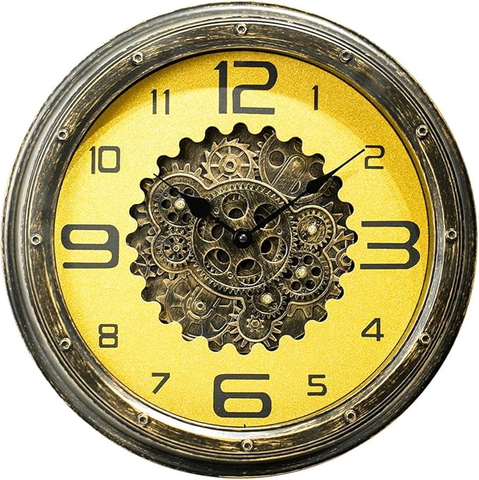 16 inch Large Gear Clock with Real Moving Gears, Steampunk Gold Wall Clock, Suitable for Living Rooms, Offices, Factories, Bedrooms, and Cabins (Gold, 16 inches)