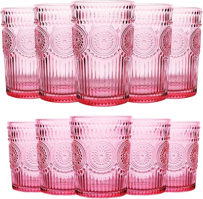 Loivttvv 12pcs Vintage Drinking Glasses Set, 12 oz Highball Glasses & 9 oz Embossed Ribbed Glassware Cups for Cocktail, Water, Juice, Coffee, Whiskey (Pink)