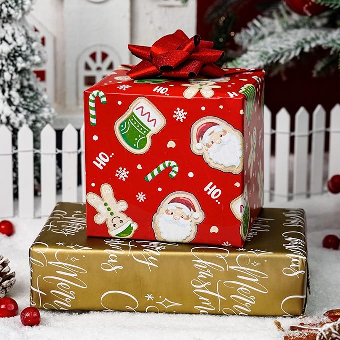 MAYPLUSS Red Christmas Wrapping Paper Roll - 17IN X 33FT - Santa Gift Wrapping Paper Featuring Santa Claus Gingerbread Christmas Tree HO Candy Cane Reversible Gold for Kids, Holiday, New Year