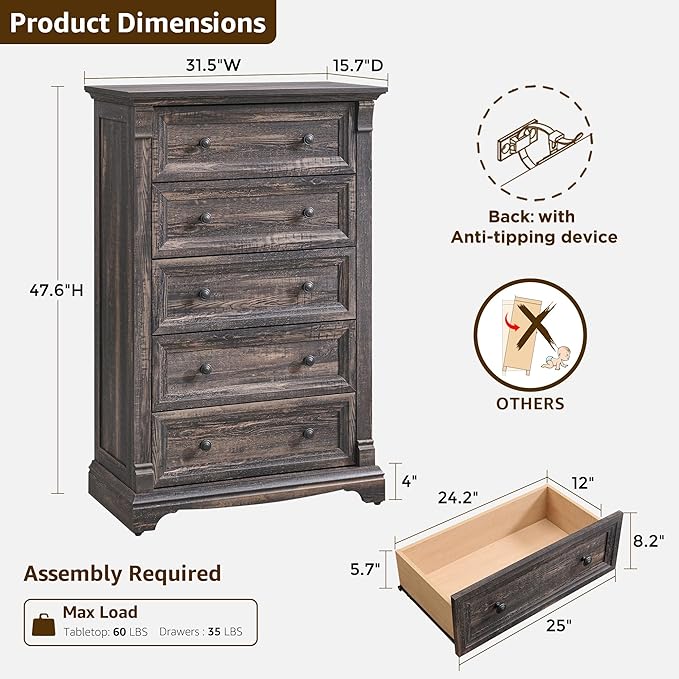 T4TREAM Farmhouse 5 Drawer Dresser for Bedroom, 47" Tall Wood Dresser with Ample Storage Space and Rustic Charm, Dark Rustic Oak