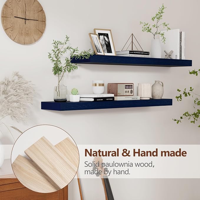 fuqing Dark Blue Floating Shelves 36 Inch, Solid Wooden Wall Shelves Set of 2, Rustic Floating Wall Shelves for Decor & Storage for Living Room Bedroom Bathroom
