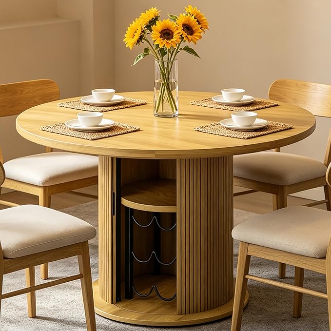 Wildhome Round Dining Table for 2-4, 31 Inch Dining Room Kitchen Table with 2-Tier Storage Shelf & Wine Rack, Modern Farmhouse Fluted Wood Slide Door Dinner Furniture,Circle(Non scalable-32 Inch-Oak)