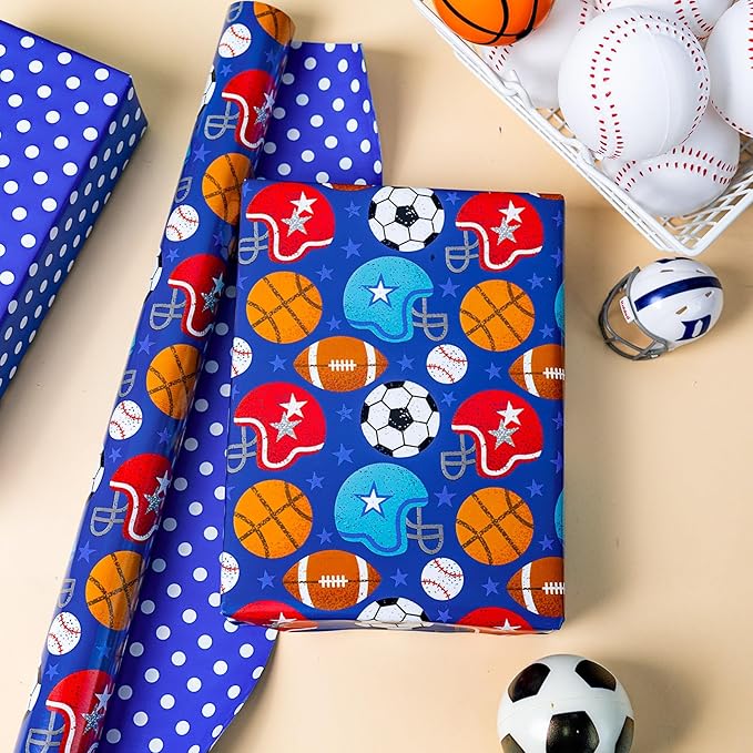 Homeral Football Reversible Wrapping Paper Roll - Mini Roll -17 Inch x 16.5 Feet, Sport Theme Gift Wrap for Boys Birthday, holiday, Game Lovers