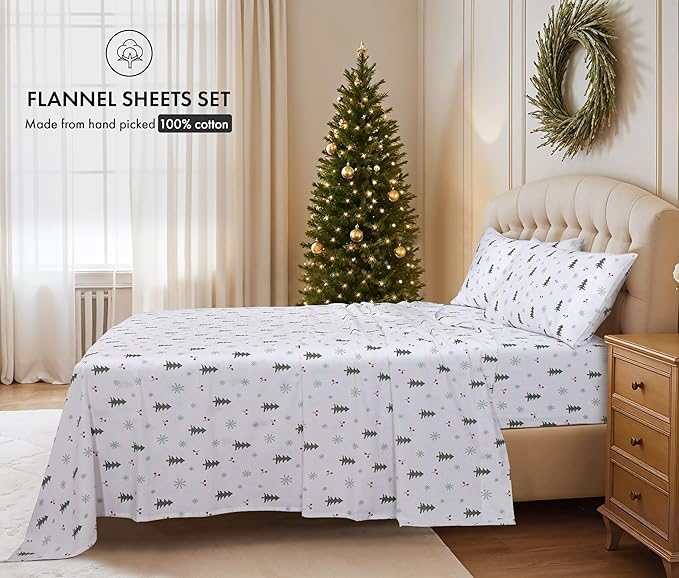 RUVANTI Flannel Sheets Twin XL Size - 100% Cotton Double Brushed Twin XL Sheet Sets, Deep Pockets 16 Inches, All Seasons Breathable & Extra Soft Bed Sheets, Warm & Cozy, 3 Piece, Berry & Pine