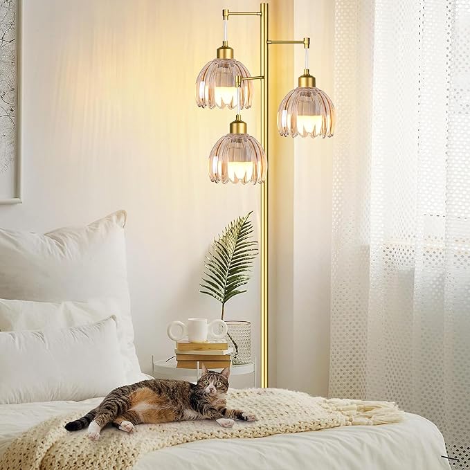 QIYIZM Gold Floor Lamp for Living Room,Bedroom,Tree 3 Light Standing Lamp Mid Century Modern Brass Tall Floor Lamps Vintage Retro Floor Lights Glass Flower Amber Lamp Shade Farmhouse Boho Bohemian