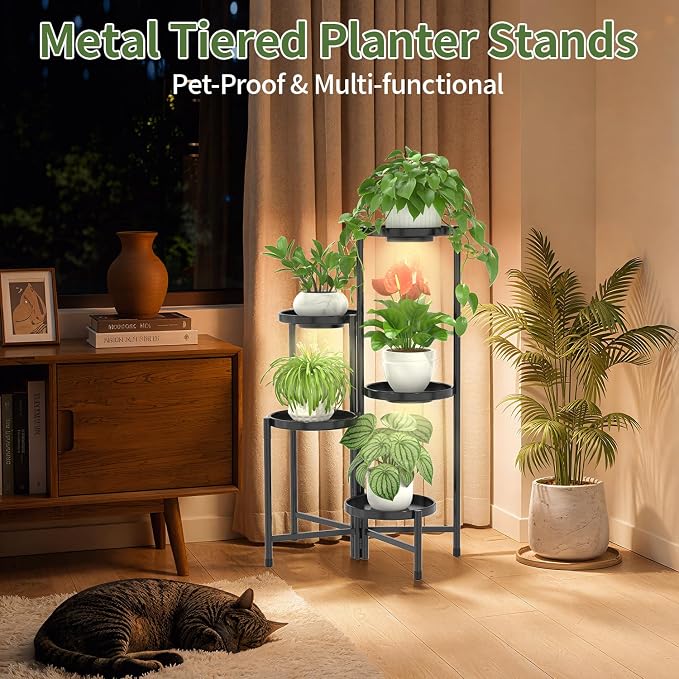 LASZOLA 5 Tier Large Plant Stand Indoor Tall with Grow Lights, Corner Folding Flower Display Rack with 10 Inch Metal Tray, Modern Plant Holder Shelf for Outdoor Patio Porch Garden Living Room, Black