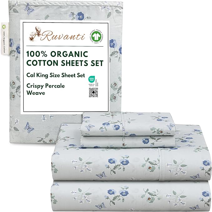 RUVANTI 100% Organic Cotton Sheets California King, Percale Weave, GOTS Certified, 4-Piece Set, Deep Pocket 13", Crisp & Breathable, Soft Durable Bedding, Sábanas Algodón Orgánico – Butter Flight