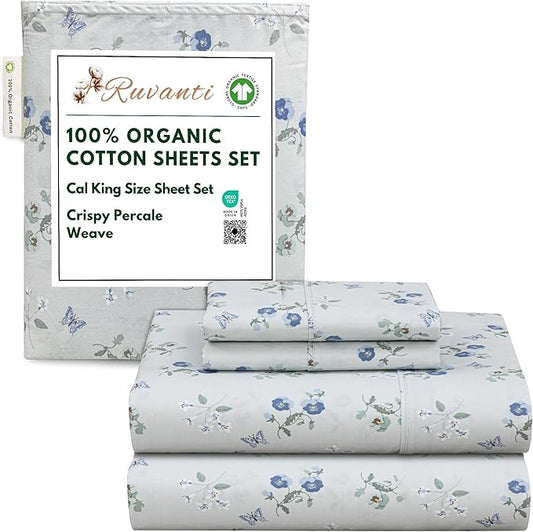 RUVANTI 100% Organic Cotton Sheets California King, Percale Weave, GOTS Certified, 4-Piece Set, Deep Pocket 13", Crisp & Breathable, Soft Durable Bedding, Sábanas Algodón Orgánico – Butter Flight