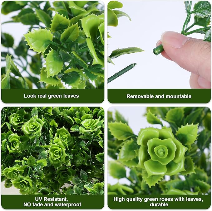 HyeFlora Artificial Plants for Outdoors Outside Spring Summer Decoration, 12 Bundles Faux Green Plastic Leaves Stems Bulk Fake Greenery Look Real UV Resistant for Home Porch Patio Planter Yard Wedding