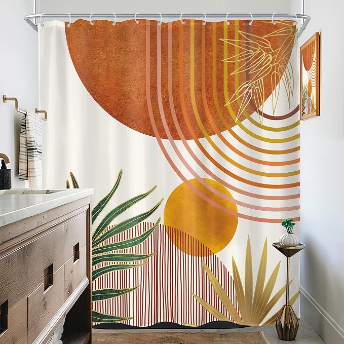 KOMLLEX Mid Century Orange Boho Shower Curtain for Bathroom Decor 72Wx78H Inches Abstract Retro Gold Modern Contemporary Bohemian Arch Simple Plant Fabric Waterproof Polyester 12 Pack Hooks Pack Hooks