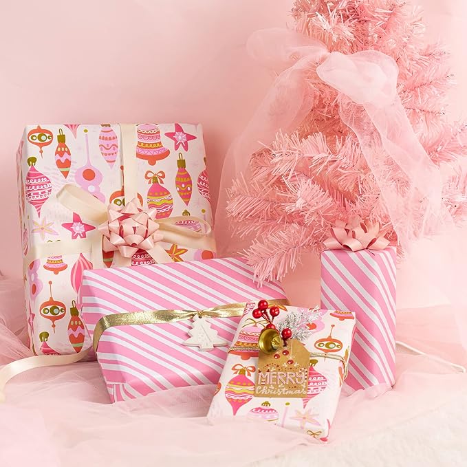 MAYPLUSS Christmas Reversible Wrapping Paper Roll - 17 Inch X 32.8 Feet - Retro Pink Christmas Ornaments and Diagonal Stripes Design Gift Wrap Paper for Christmas, Holiday, New Year Baby Shower