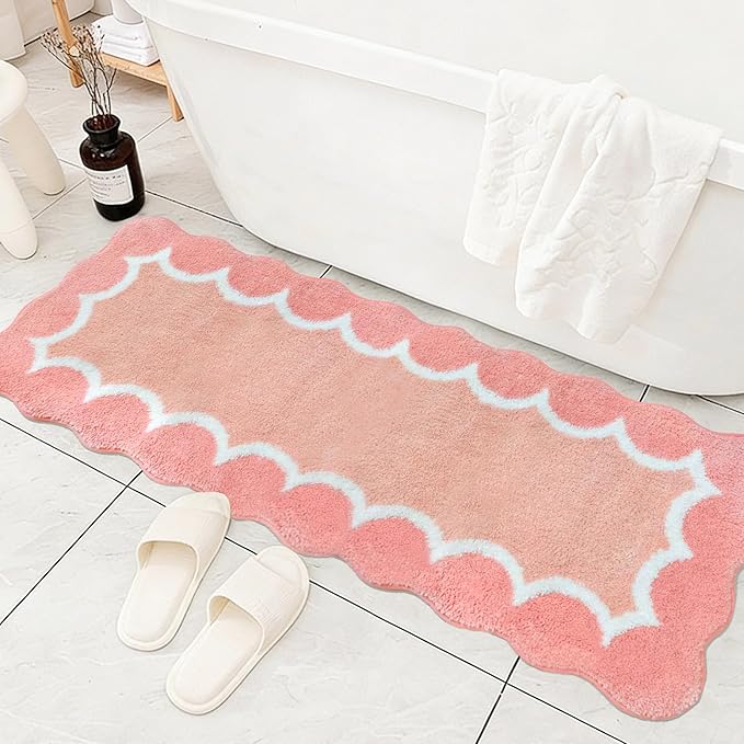Scalloped Coral Pink Bathroom Rugs Mat,Non Slip Absorbent Quick Dry Bath Mats for Shower Room,Plush Microfiber Bath Rug for Bathroom Floor Washable Carpet for Shower Tub Sink Bedroom,17"x47"