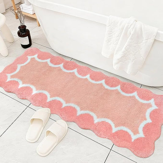 Scalloped Coral Pink Bathroom Rugs Mat,Non Slip Absorbent Quick Dry Bath Mats for Shower Room,Plush Microfiber Bath Rug for Bathroom Floor Washable Carpet for Shower Tub Sink Bedroom,17"x47"