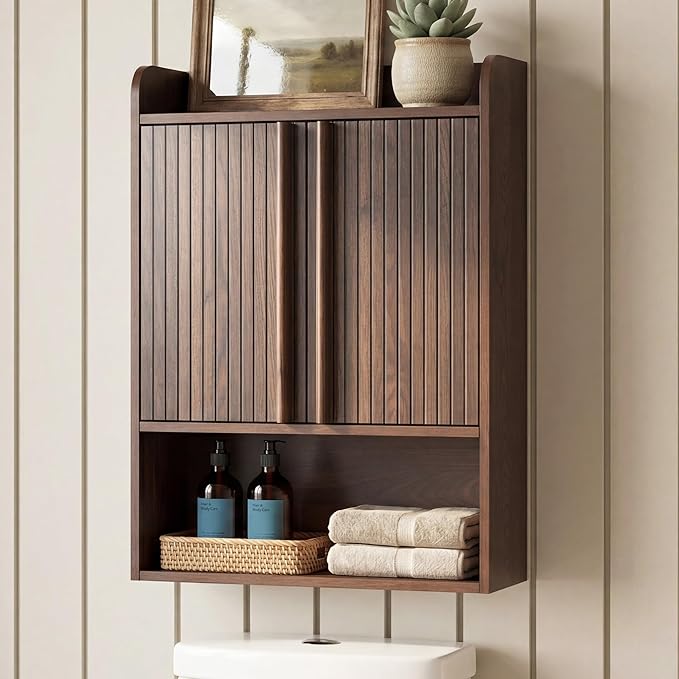 VANIRROR Fluted Wall Cabinet 33" H, Mid-Century Modern Dark Wood Bathroom Cabinet Over Toilet, Medicine Cabinet Storage with Doors & Open Shelf for Kitchen, Laundry Room and Entryway