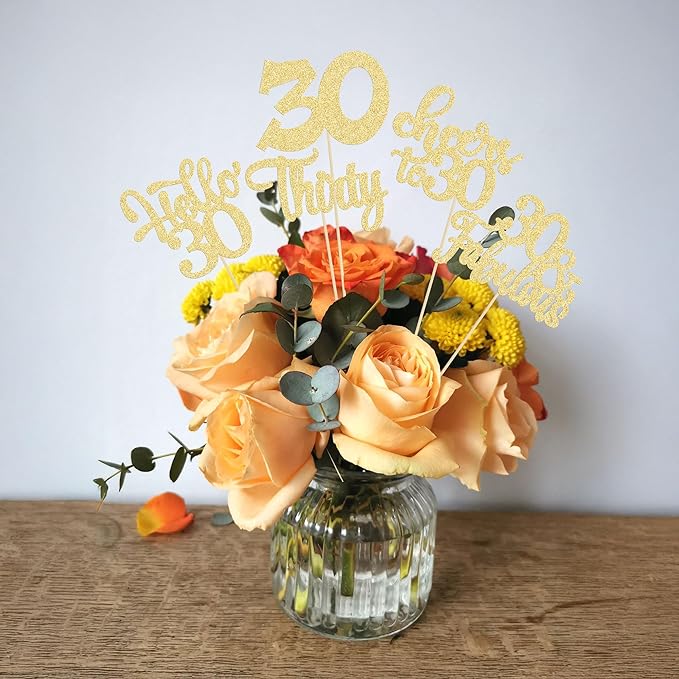 Gyufise 15Pcs 30th Birthday Centerpiece Sticks Thirty Happy 30th Table Flower Centerpieces Sticks Cheers to 30 Floral Decorations for 30th Birthday Party Centerpieces Supplies Gold
