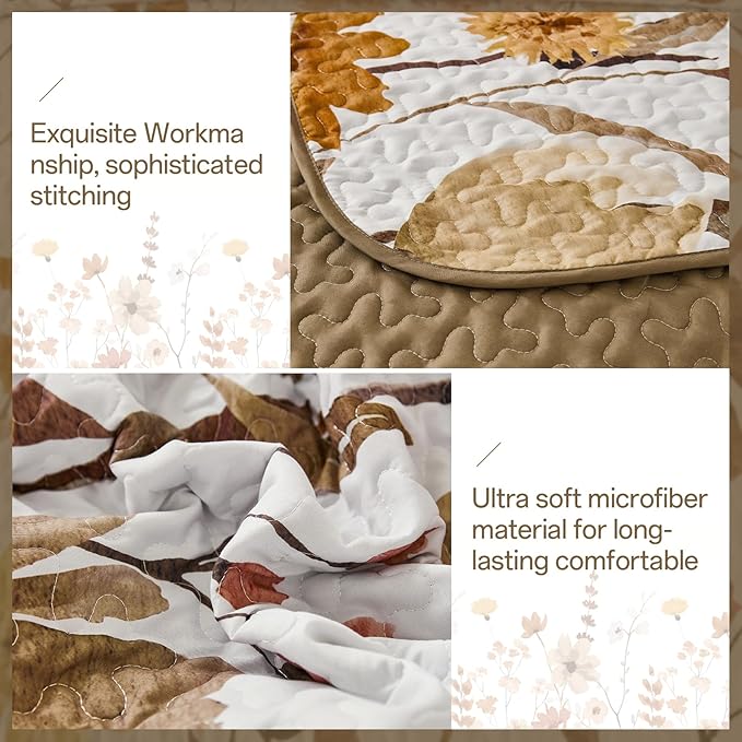 Anibedding Brown Quilt Set King Size, Floral Bedspread with 2 Pillowcases, Soft Microfiber Lightweight Coverlet Bedding Set for All Season(104"x90")
