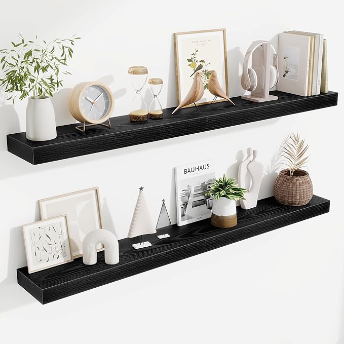 Fun Memories Floating Shelves 48 Inch, Extra Large Wood Shelf Set of 2, Hanging Wall Shelves for Bathroom, Living Room, Kitchen, Bedroom, Black
