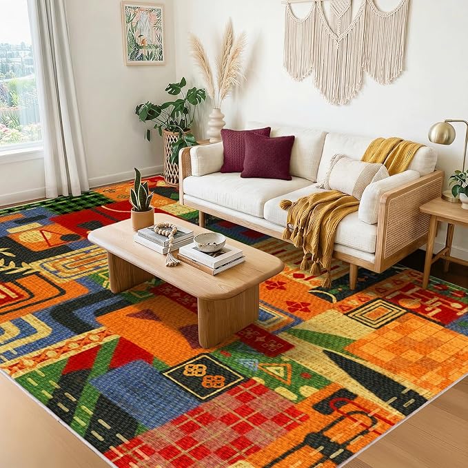 Washable 5x7 Colorful Abstract Area Rug, Boho Patchwork Rugs for Living Room, Multi-Color Modern Memphis-Inspired Throw Carpet, Non-Slip Low Pile Rug for Bedroom Dining Room Office Home Hardwood Floor