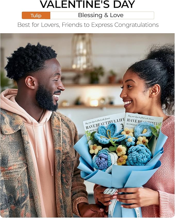 Crochet Flowers Bouquet Gift for Wife Girlfriend Fiancee Mother Women, Handmade Artificial Knit Blue Rose Tulip Flower for Wedding Anniversary Birthday Valentine's Day Present, Home Decor