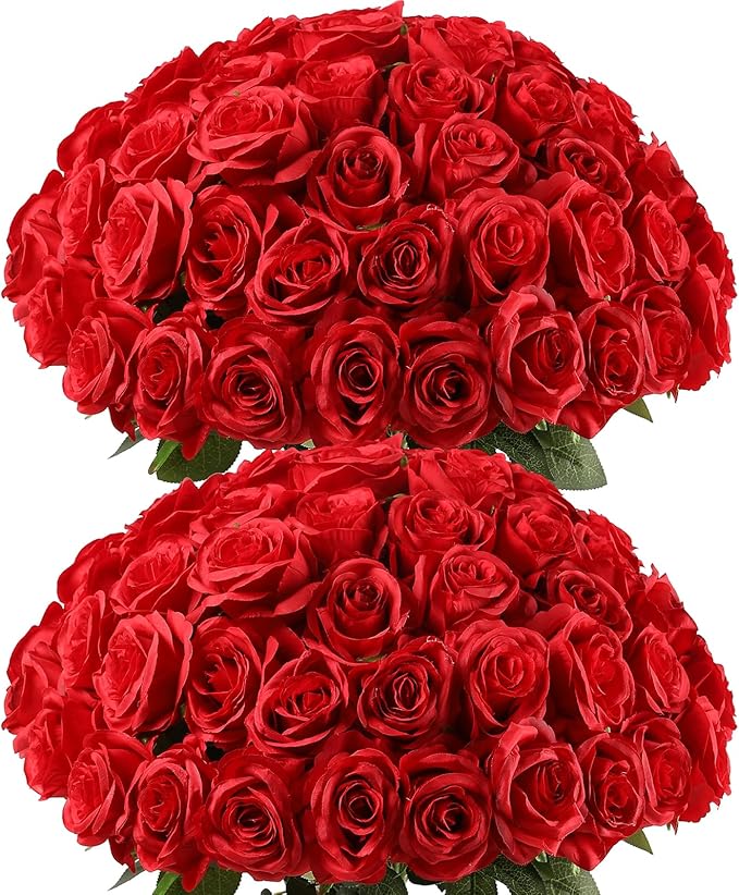Kisflower 60 Pcs Red Roses Artificial Flowers Bulk, Silk Roses with Stems Real Look Artificial Red Roses for Decoration DIY Wedding Bouquet Bridal Shower Party Home Table Centerpieces Decor (Red)