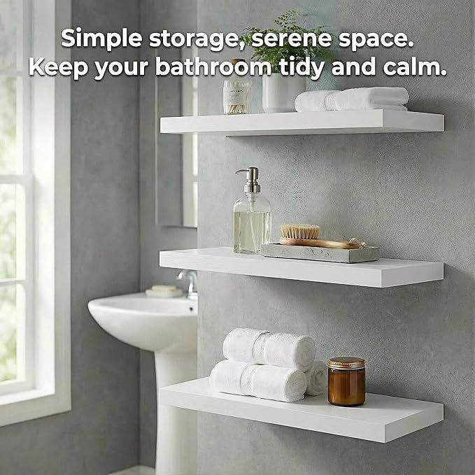 SAUMONIERES Floating Shelves Wall Shelf Solid Wood for Bathroom Bedroom Kitchen Set of 3, White Wall Shelves