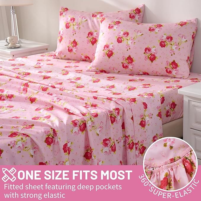 Bedlifes King Size Extra Deep Pocket Sheet Sets - Fits Mattresses Up to 18-24" Thick, 4-Piece Microfiber Set with 1800 Thread Count, Soft, Smooth, Breathable, Featuring Pink Floral Red Rose