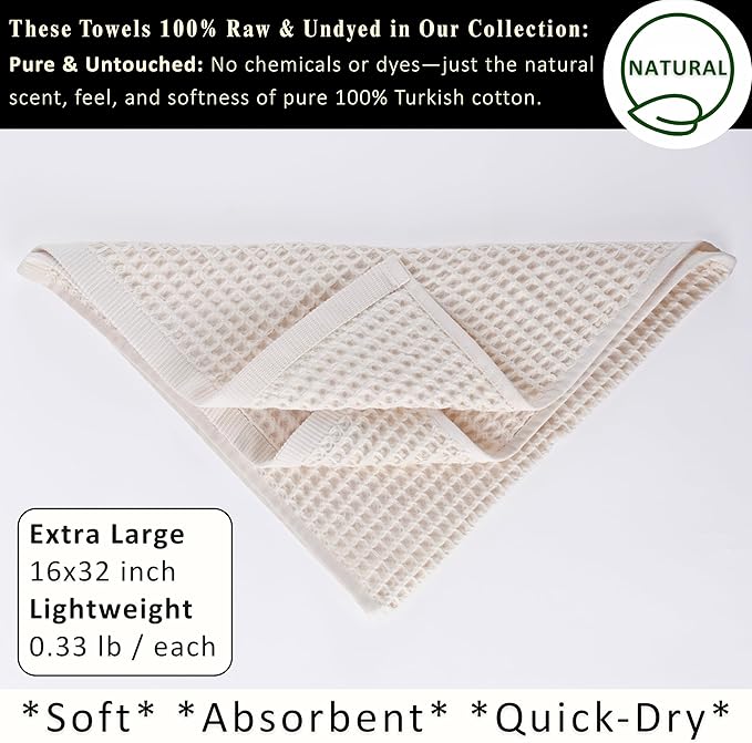 PÜSKÜL Organic Waffle Kitchen Towel Pure 100% Turkish Cotton Set of 3 Natural Raw-Undyed Towel - Premium Quality Soft Quick-Dry Absorbent Lint-Free Hand & Dish Towels Large 32X16 (3, Natural Beige)