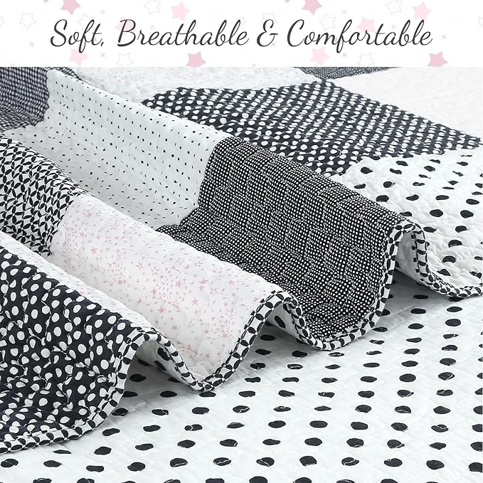 Cozy Line Home Fashions Black White Pink Polka Dots Striped Star Girl 100% Cotton Reversible Quilt Bedding Set, All-Season Coverlet Bedspread (Black Pink, Twin - 2 Piece)