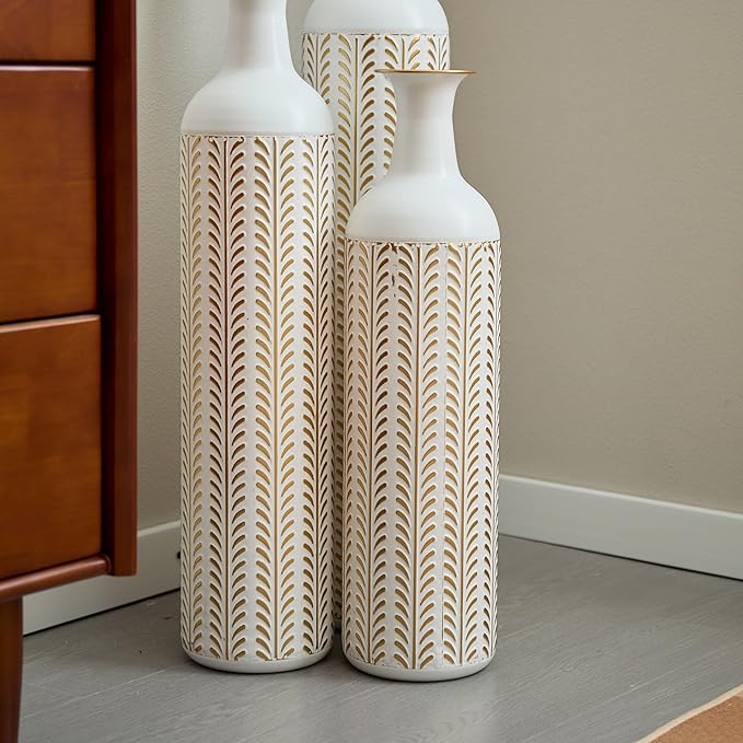 Metal Floor Vases Decorative, Set of 3 Flower Arrangement Stand, Tall Gold＆White Metal Floor Vases for Living Room, Bedroom & Entryway, 33.4", 28.74", 24.1" H (White＆Gold)