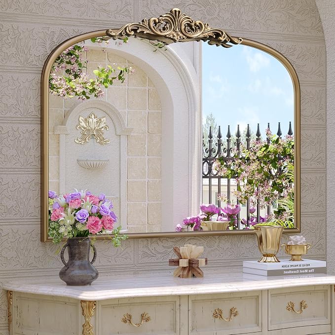 Champagne Bronze Bathroom Mirror, 32"x24" Mantle Mirrors for Fireplace, Vintage Gold Arched Wall Mirror for Over Sink, Livingroom, Entryway, Bedroom, Haning or Leaning