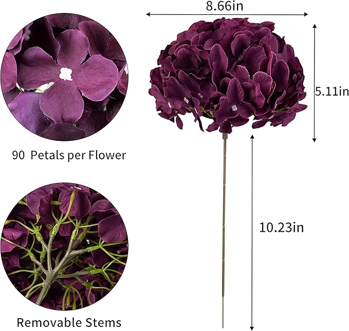 DuHouse Silk Hydrangea Artificial Flower Heads with Stems Fake Hydrangeas Flowers for DIY Wedding Centerpiece Home Decor,Pack of 6(Plum)