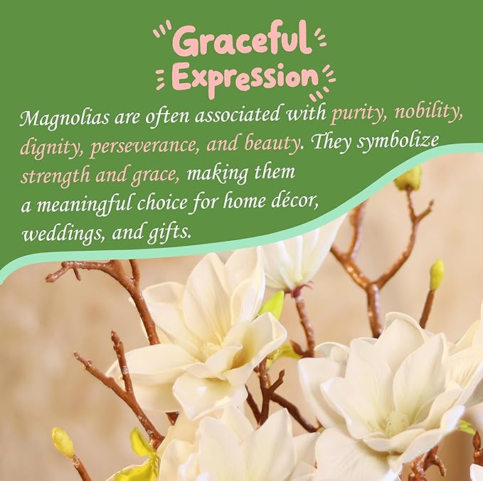 3pcs Artificial Magnolia Flower Branches, 31 Inch Long Stem Faux Floral, Premium Faux Bloom for Home Decor, Centerpieces, and Wedding Arrangements, White