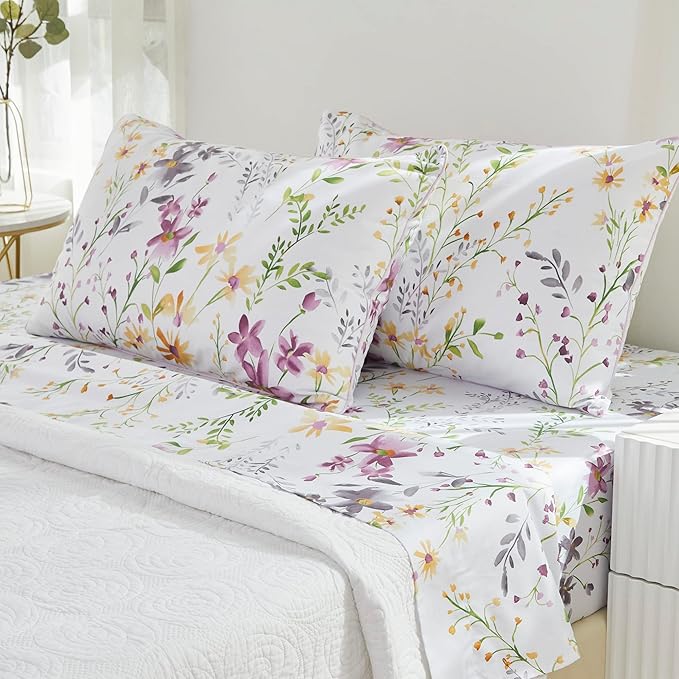 Brandream Garden Style Floral Bedding Elegant Watercolor Farmhouse Sheets Set Queen Size Luxury Bedding Collections 800 Thread Count 100% Egyptian Cotton Deep Pocket, 4 Piece