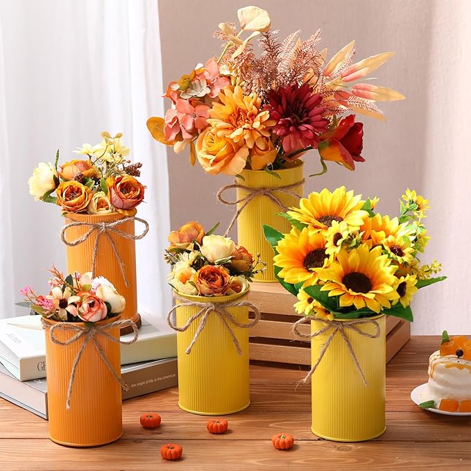 Domensi 5.91 in High Farmhouse Vase Decor Galvanized Metal Flower Vase with Twine Bow Vintage Rustic Tin Flower Buckets for Artificial Floral Table Container DIY(Yellow, Orange,16 Pcs)