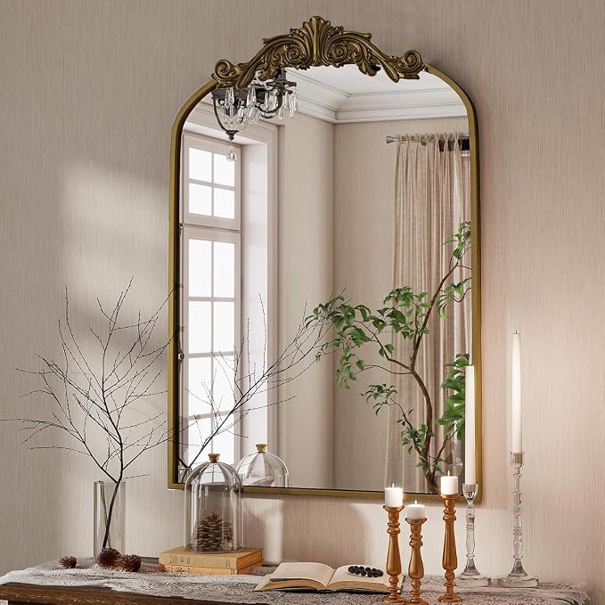 Dewfig Antique Arched Wall Mirror, 24"x36" Vintage Bronze Bathroom Mirror - Baroque Metal Frame Brass Mirror for Living Room, Bathroom, Fireplace, Entryway, Bronze