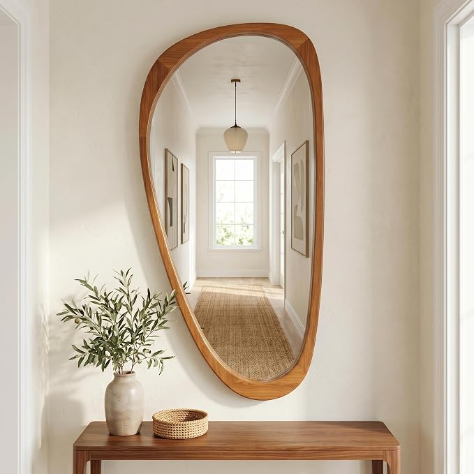 Solid Wood 48"x24" Large Aesthetic Wabi-Sabi Statement Mirror, Warm Walnut Full Length Irregular Mirror, Modern Organic Asymmetrical Wooden Wall-Mounted Mirror, Honey Walnut