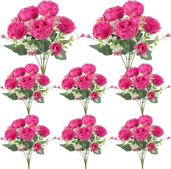 8 Pack Hot Pink Peonies Artificial Flowers, Fake Silk Hydrangea Bouquet for Bridal Wedding Home Table Decor Reusable Dining Opening Ceremony Birthday Arrangement Faux Floral
