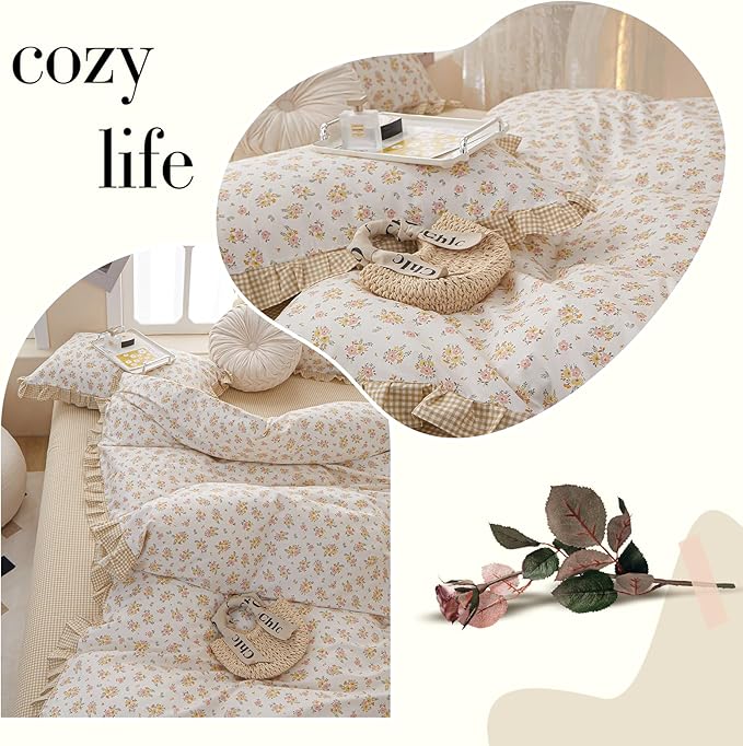 Girls Ruffle Duvet Cover Twin Chic Floral Lace Duvet Cover 100% Cotton Flower Bedding Set Romantic Ruffle Comforter Cover Girls Princess Bedding Set Vintage Floral Botanical Comforter Cover Twin