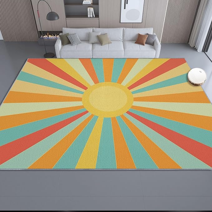 3x4 Washable Area Rug, Colorful Retro Sunburst Stripes Design Non Slip Non-Shedding Rug Easy Care for Living Room Bedroom Kitchen Office Carpet